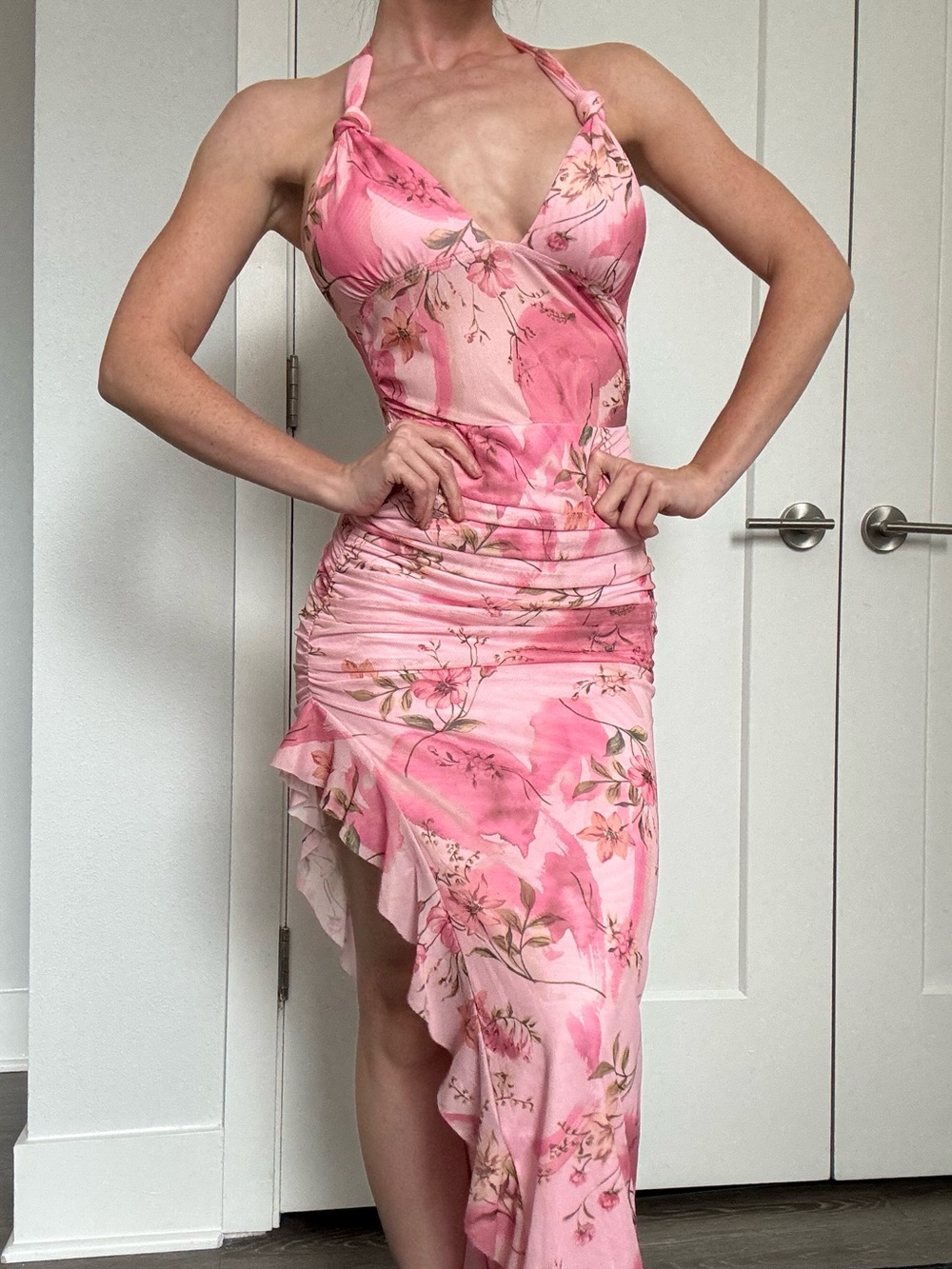 Peppermayo Pink Floral Halter Ruched Asymmetric Dress